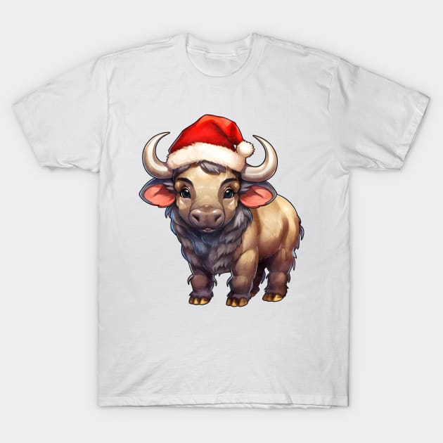 African Cape Buffalo in Santa Hat T-Shirt by Chromatic Fusion Studio